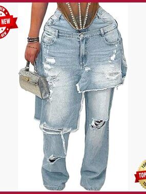 Double Waist Ripped Patchwork Distressed Straight Leg Boyfriend Jeans